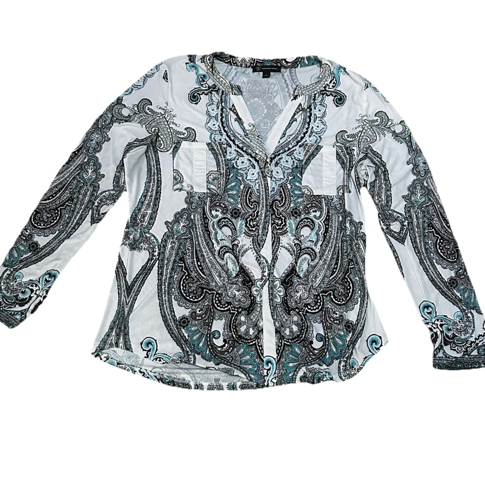 Women's INC White Blue Gray Paisley Blouse Large